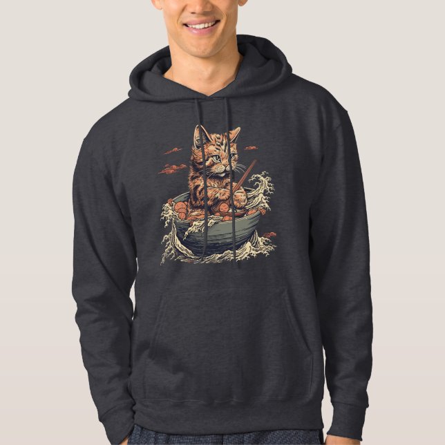 Veste À Capuche chat mange Ramen, Vague de Kanawaga (Devant)