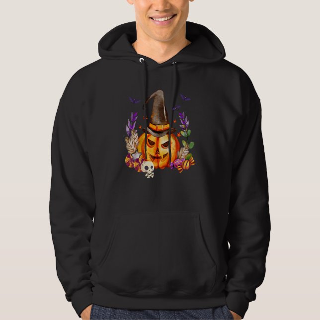 Veste À Capuche Citrouille avec chapeau de sorcière de crâne et ch (Devant)