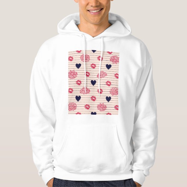 Veste À Capuche Coeurs rouges, lèvres, marguerites motif. (Devant)