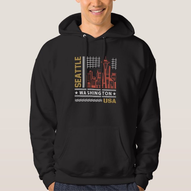 Veste À Capuche Conception urbaine rétro de la skyline de Seattle  (Devant)