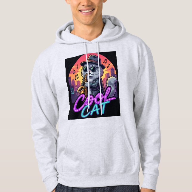 Veste À Capuche Cool Cat Saxophone –Retro Neon 90s Jazz Cat Design (Devant)