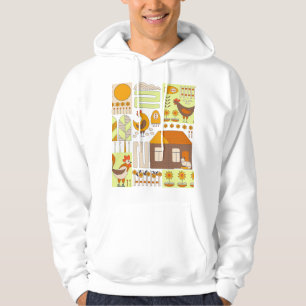 Veste À Capuche Coq, poules, dessin géométrique floral.