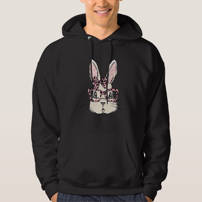 Veste À Capuche Cute Bunny Face Pink Leopard lunettes Bow Cravate  (Devant)