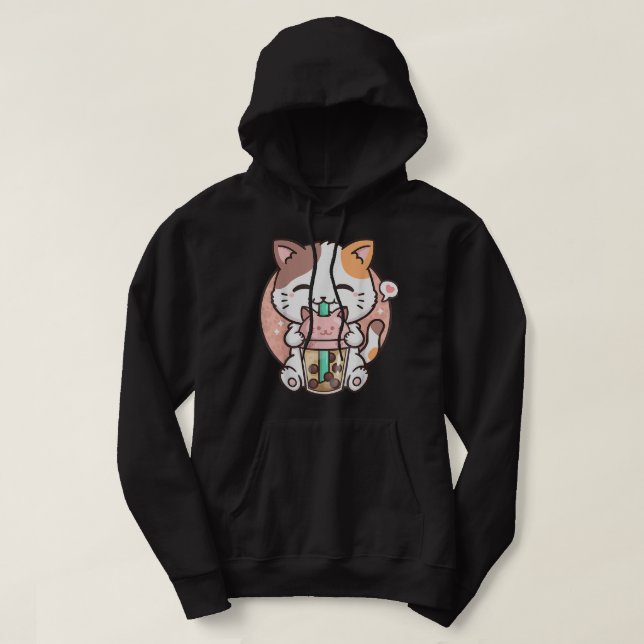 Veste À Capuche Cute Kawaii Cat Boba Bubble Milk Tea Anime Neko Ki (Design devant)