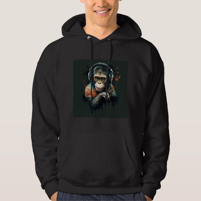 Veste À Capuche DJ Monkey Chimp avec casque, amoureux de musique. (Devant)