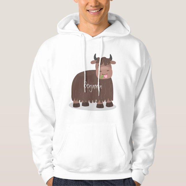 Veste À Capuche Drôle joyeux yak mangeant de l'herbe dessin d'illu (Devant)