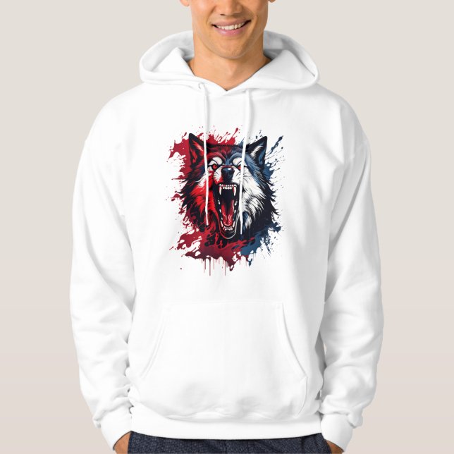 Veste À Capuche Fierce Alpha Wolf - Rouge & Bleu Splatz Art | Sauv (Devant)