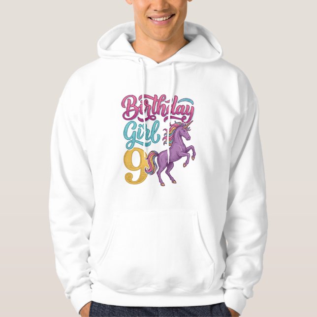 Veste À Capuche Fille d'anniversaire 9 Licorne Dessin de gravure v (Devant)