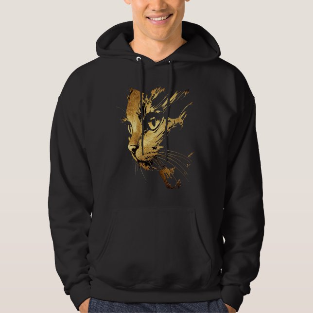 Veste À Capuche Graphique Élégant Chat Noir et Or Texturé (Devant)