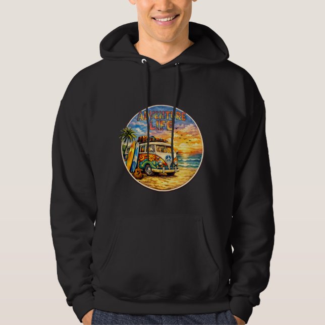 Veste À Capuche Graphisme Rétro Hippie Plage Coucher de Soleil Adv (Devant)