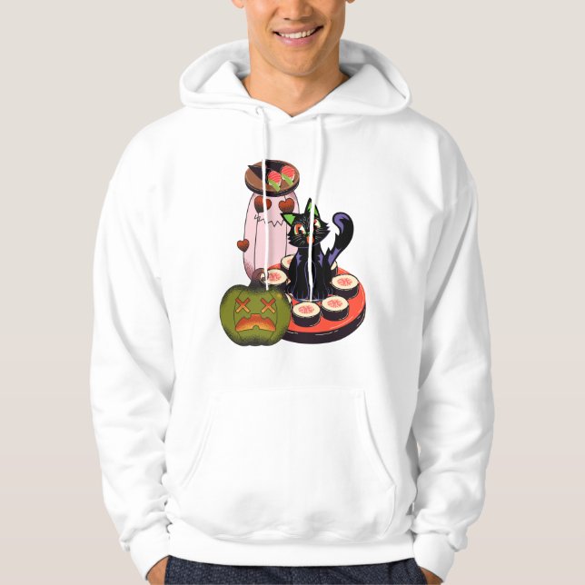 Veste À Capuche Joli chat noir d'Halloween assis sur des sushis (Devant)