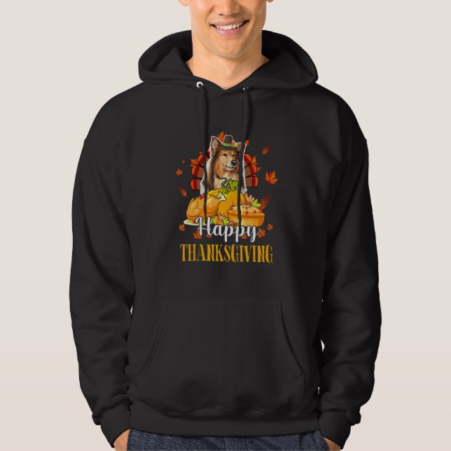Veste À Capuche Joyeux Thanksgiving Dinde Sheltie portant un chape (Devant)