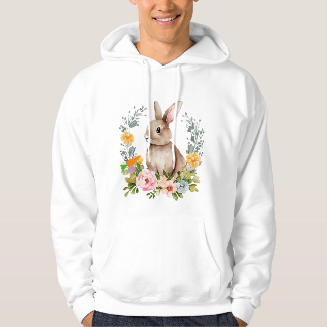 Veste À Capuche Lapin mignon à l'aquarelle avec couronne florale (Devant)