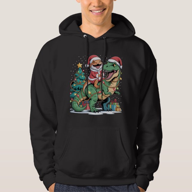 Veste À Capuche Lézard Santa monte un Dino vert à Noël (Devant)