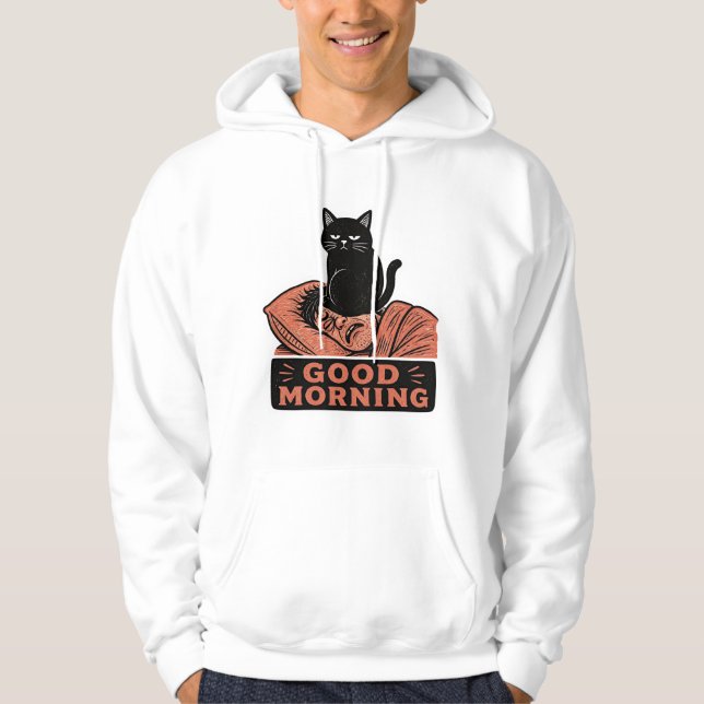 Veste À Capuche Linogravure Chat Noir Sarcasique Mème Bonjour (Devant)