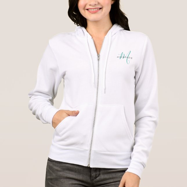Veste À Capuche Monogramme élégant moderne blanc sarcelle écriture (Devant)