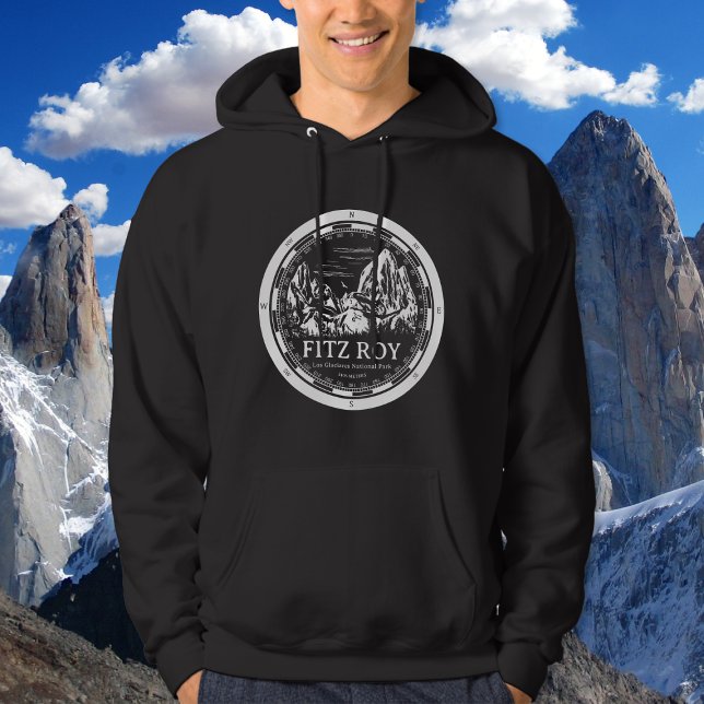 Veste À Capuche Mont Fitz Roy - Cerro Chaltén Amérique du Sud (Mount Fitz Roy Hoodie in Back with a white compass and mountain illustration)