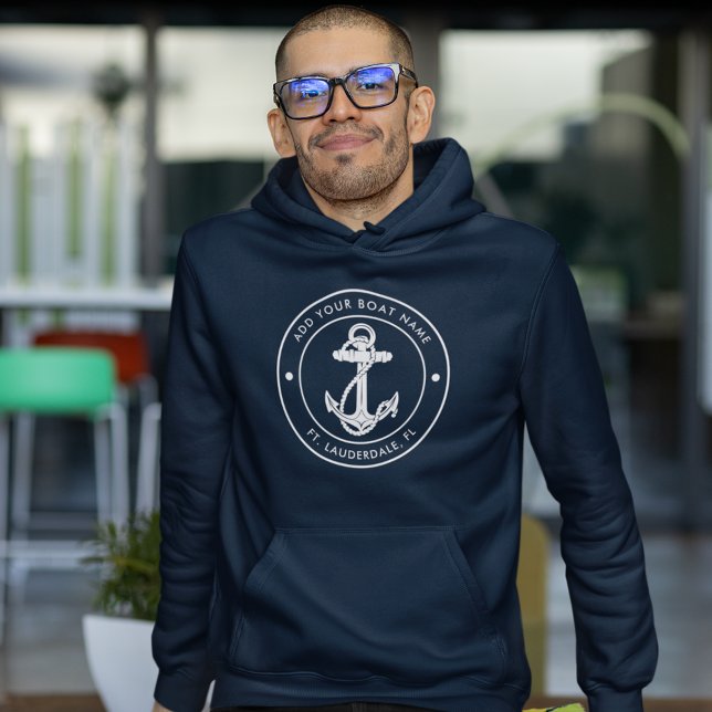 Veste À Capuche Nom du bateau d'Ancres nautiques personnalisé (Nautical Anchor Boat Name Navy Blue Mens Hoodie)