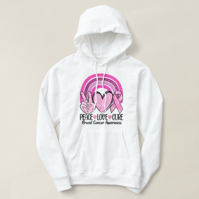 Veste À Capuche Rainbow Peace Love Cure Rose Ribbon Cancer du sein (Design devant)