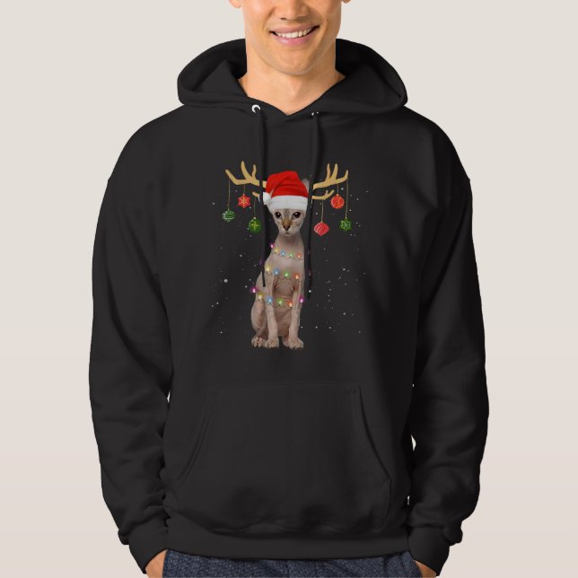 Veste À Capuche Reindeer Sphynx Chat Santa Chapeau Noël Lumière No (Devant)