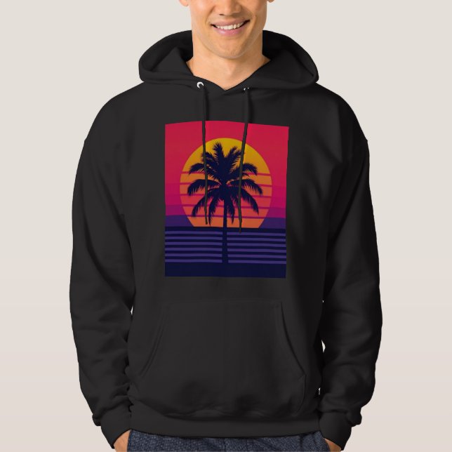 Veste À Capuche Rétro Art Synthwave Palmier Coucher de Soleil 80s (Devant)