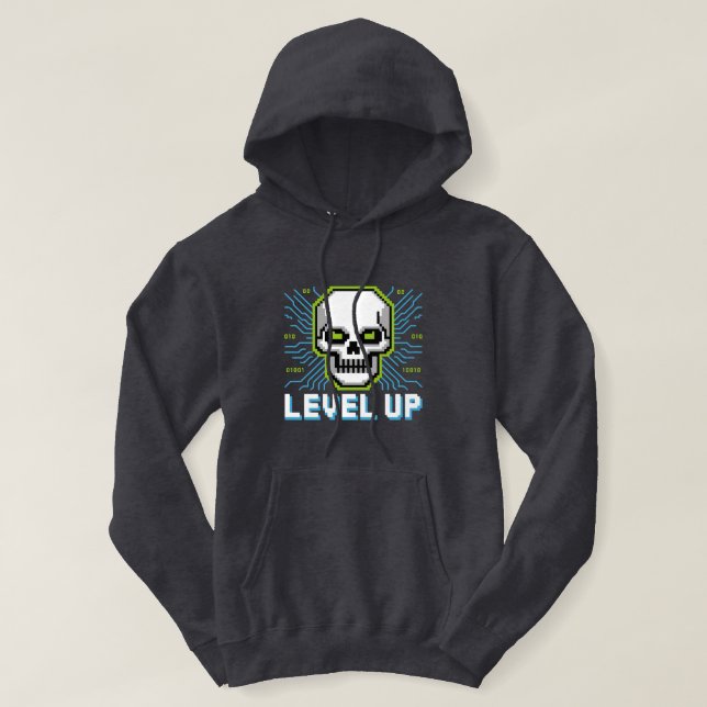 Veste À Capuche Retro Pixel Level Up Gamer Skull Hoodie (Design devant)