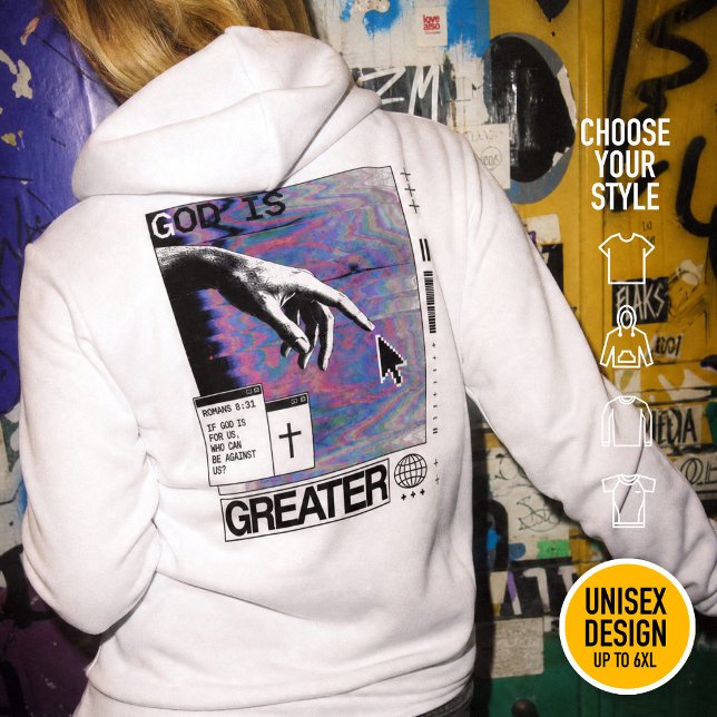 Veste À Capuche Romans 8:31 Cyberpunk Main de Dieu Glitch Art (Heavyweight Streetwear Christian T-Shirts & available oversize 3XL, 4XL, 5XL, 6XL. Choose your style)
