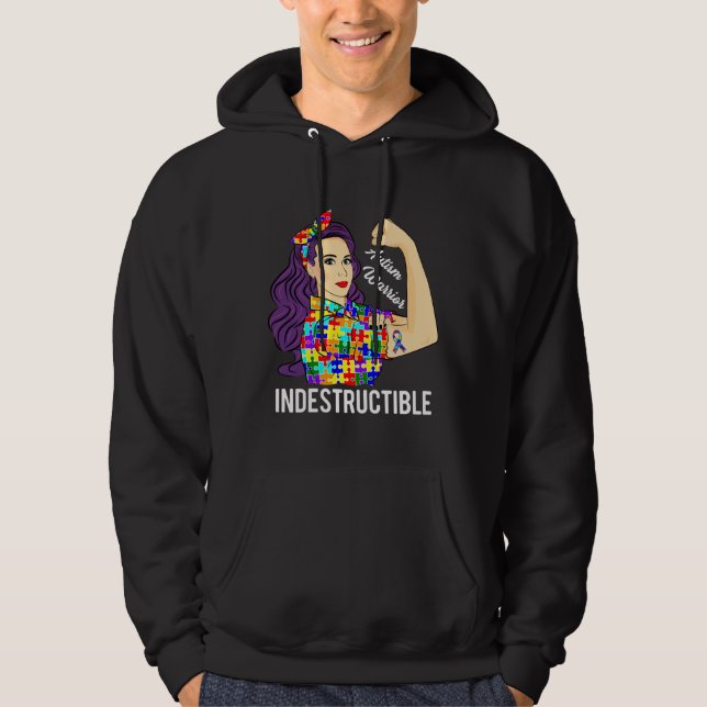Veste À Capuche Sensibilisation sur l'autisme Guerrier Indestructi (Devant)