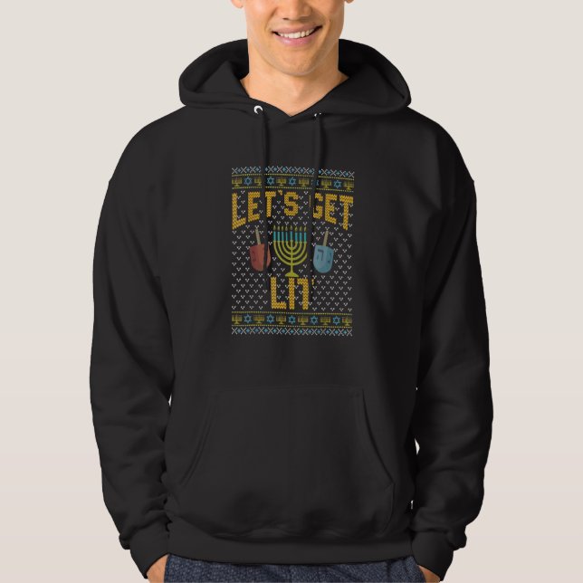 Veste À Capuche Ugly Hanukkah Sweater  Let's Get Lit Drinking (Devant)
