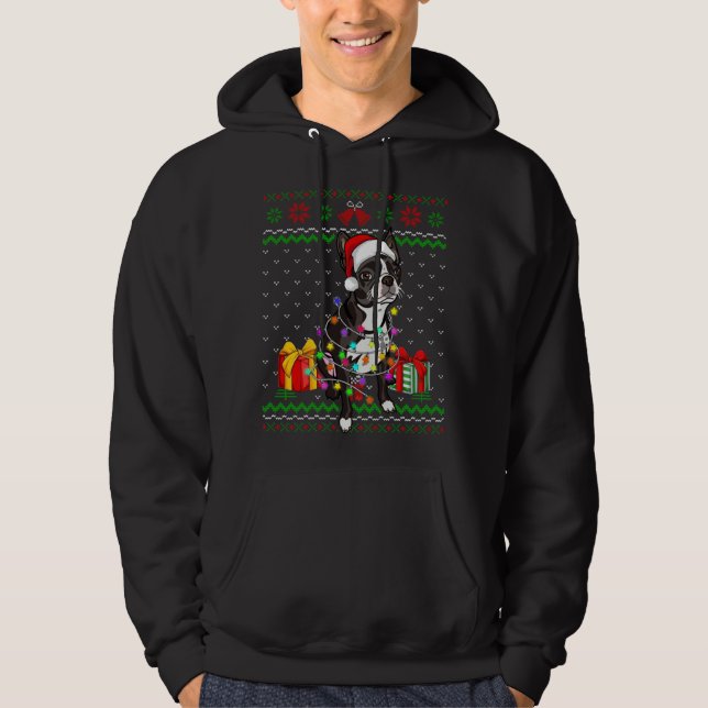Veste À Capuche Ugly Sweater Christmas Lights Boston Terrier Dog L (Devant)