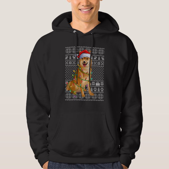 Veste À Capuche Ugly Sweater Style Xmas Lights Santa Shiba Inu Dog (Devant)