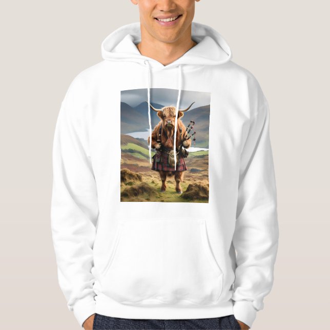 Veste À Capuche Vache des Highlands Écossaise Joueur De Cornemuse, (Devant)