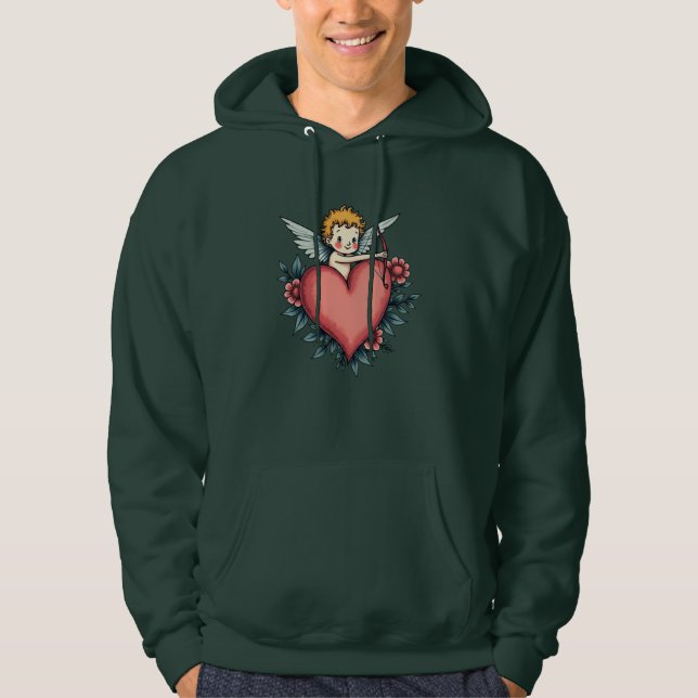 Veste À Capuche Whimsical Cupid Heart - Conception de tatouage Vin (Devant)