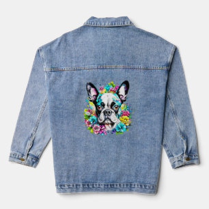 Veste En Jean Ai Boston Terrier entouré de fleurs