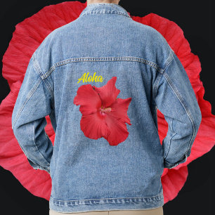 Veste En Jean Aloha hawaïen de la fleur de l'Hibiscus rouge trop