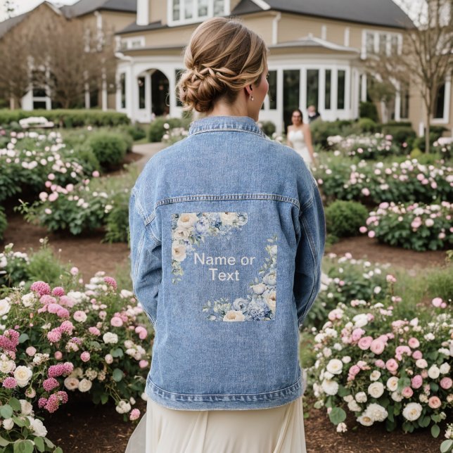 Veste En Jean Aquarelle bleu Dusty Fleurs d'ivoire Feuille (Mariage Retour)