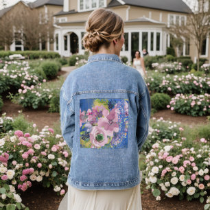 Veste En Jean Aquarelle bleue lavande Fleurs pailletées sur rose