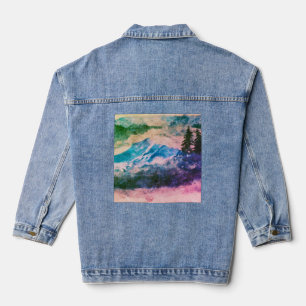 Veste En Jean Aquarelle blush artistique Montagnes et pins