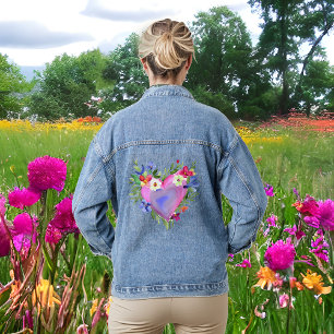Veste En Jean Aquarelle Coeur et Fleurs
