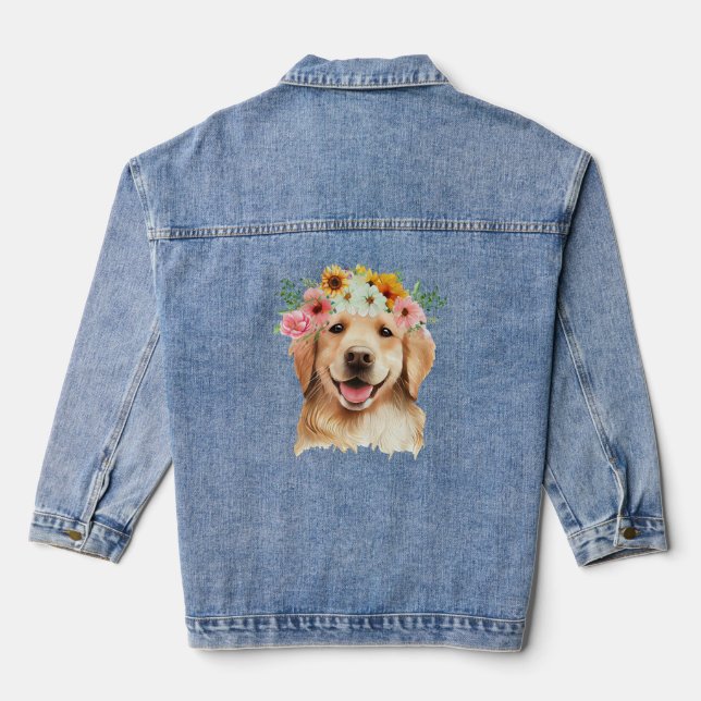 Veste En Jean Aquarelle Golden Retriever Chien avec fleurs (Verso)