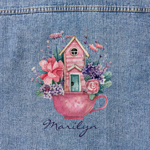 Veste En Jean Aquarelle rose Teacup Fleurs Fairytale Cottage