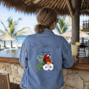 Veste En Jean Ara Macao Rouge Perroquet Tropical Hibiscus Blanc