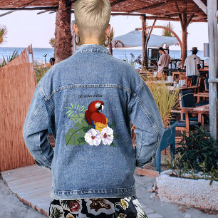 Veste En Jean Ara Macao Rouge Perroquet Tropical Hibiscus Blanc