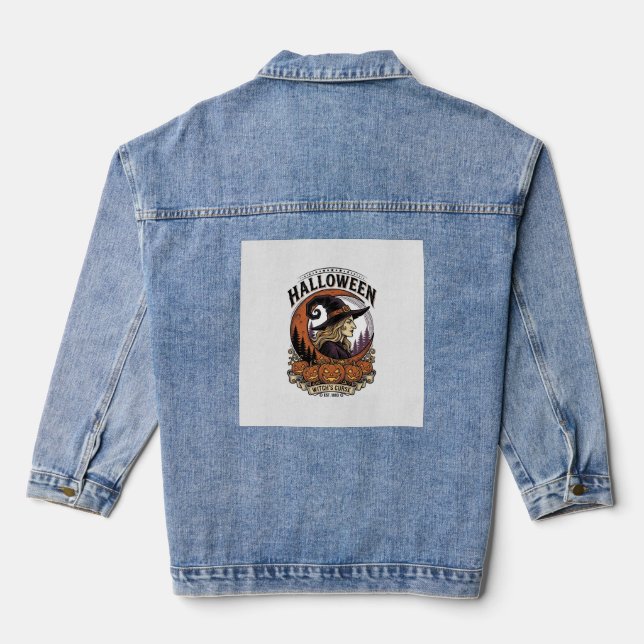 Veste En Jean Art de gravure de lune de citrouille de sorcière v (Verso)