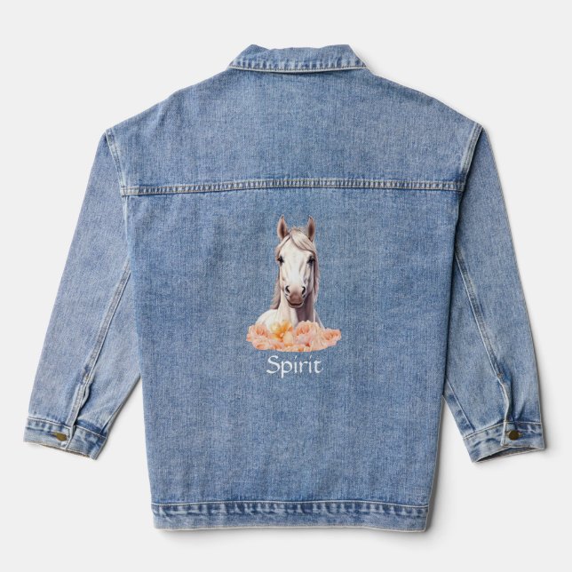 Veste En Jean Beau Cheval et Fleurs roses Personnalisé (Verso)