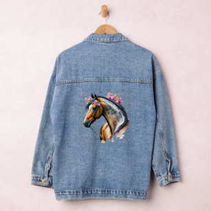 Veste En Jean Beau Cheval noir Mane Fleurs roses
