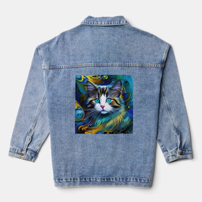 Veste En Jean Belle Chat Mystique en Blues et Golds (Verso)