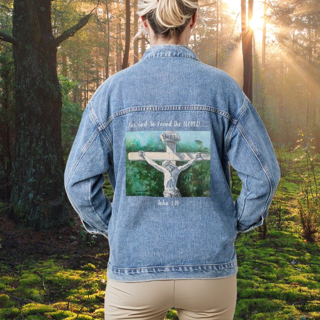 Veste En Jean Blancs et Verts Peints à la Main "POUR DIEU" (The bases of Christian faith, 
Faith expression)