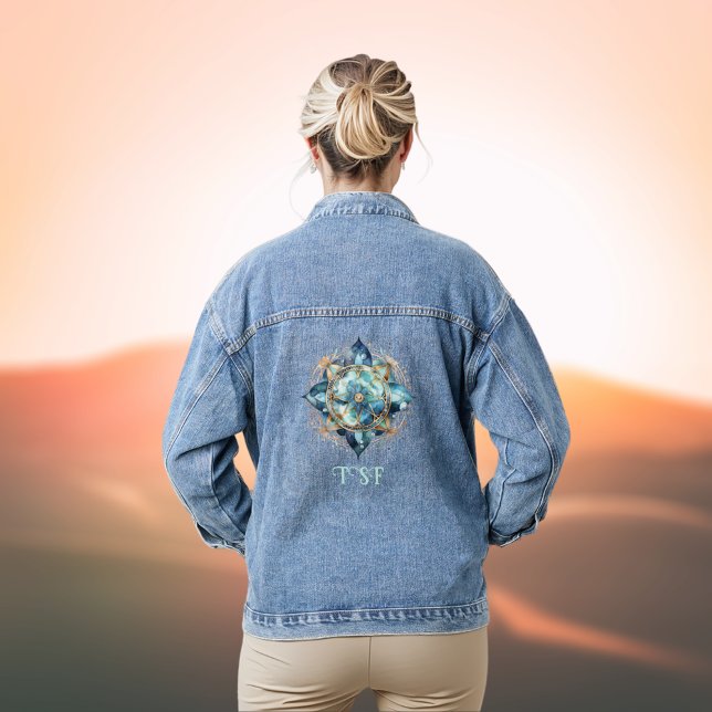 Veste En Jean Boho Chic Aqua Turquoise et bleu Mandala avec Init (Créateur téléchargé)