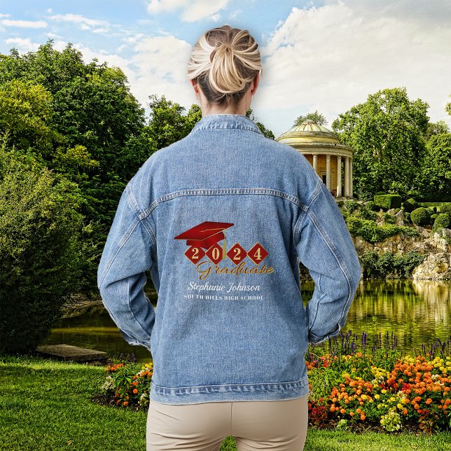 Veste En Jean Bouchon rouge or personnalisé (Graduation Cap Red Gold Personalized Denim Jacket)